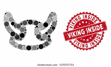 Mosaic viking helmet and rubber stamp seal with Viking Inside phrase. Mosaic vector is composed with viking helmet icon and with random round items. Viking Inside stamp seal uses red color,