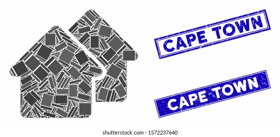 Mosaic village icon and rectangular Cape Town watermarks. Flat vector village mosaic icon of scattered rotated rectangular elements. Blue Cape Town watermarks with scratched surface.