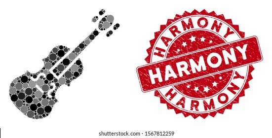 Mosaic violin and grunge stamp watermark with Harmony phrase. Mosaic vector is designed with violin icon and with scattered circle items. Harmony stamp uses red color, and distress texture.