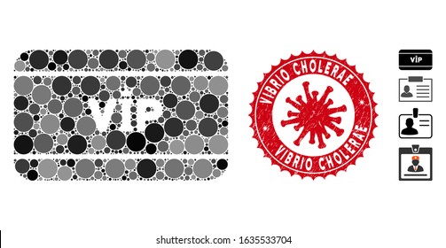 Mosaic VIP access card icon and red round corroded stamp seal with Vibrio Cholerae caption and coronavirus symbol. Mosaic vector is formed with VIP access card icon and with random spheric items.