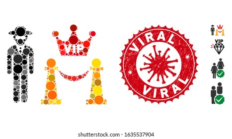Mosaic VIP access icon and red rounded grunge stamp seal with Viral phrase and coronavirus symbol. Mosaic vector is designed from VIP access icon and with randomized circle elements.