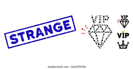 Mosaic VIP brand and grunge rectangle stamp watermark with Strange text. Mosaic vector VIP brand is designed with randomized elliptic items. Strange stamp seals use blue color,