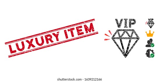 Mosaic VIP brand icon and red Luxury Item seal stamp between double parallel lines. Flat vector VIP brand mosaic icon of random rotated rectangle items.