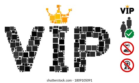 Mosaic VIP icon organized from square items in variable sizes and color hues. Vector square items are organized into abstract composition VIP icon. Bonus icons are added.