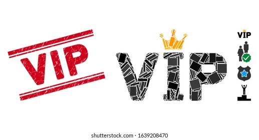 Mosaic VIP icon and red Vip seal stamp between double parallel lines. Flat vector VIP mosaic icon of scattered rotated rectangular elements. Red Vip seal with grunge textures.