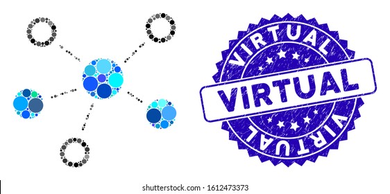 Mosaic virtual links icon and rubber stamp watermark with Virtual text. Mosaic vector is composed with virtual links icon and with random circle spots. Virtual stamp uses blue color,