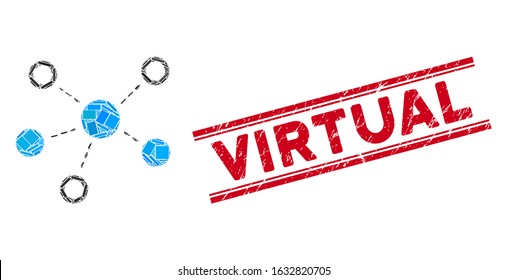 Mosaic virtual links pictogram and red Virtual stamp between double parallel lines. Flat vector virtual links mosaic pictogram of randomized rotated rectangular items.