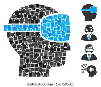 Mosaic Virtual reality icon constructed from square elements in random sizes and color hues. Vector square elements are grouped into abstract illustration virtual reality icon.