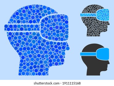 Icono de realidad virtual mosaico organizado a partir de elementos de círculo en tamaños, posiciones y proporciones variables. Los elementos de círculo azul vectorial se agrupan en ilustración abstracta icono de realidad virtual.