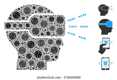 Mosaic virtual reality organized from flu virus items in variable sizes and color hues. Vector infection icons are organized into abstract mosaic virtual reality icon. Some bonus icons are added.