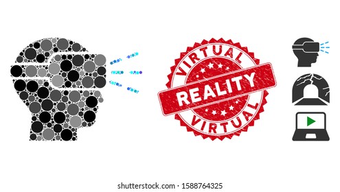 Mosaic virtual reality and round seal stamp. Flat vector virtual reality mosaic of scattered spheric elements. Red rubber seal with rubber design. Designed for political and patriotic doctrines.