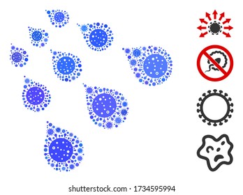 Mosaic virus attack stream constructed from covid-2019 virus icons in variable sizes and color hues. Vector infection icons are arranged into abstract collage virus attack stream icon.