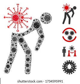 Mosaic virus carrier constructed from flu virus icons in various sizes and color hues. Vector viral items are combined into abstract mosaic virus carrier icon. Some bonus icons are added.