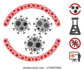 Mosaic virus container composed of flu virus icons in random sizes and color hues. Vector viral icons are combined into abstract mosaic virus container icon. Some bonus icons are added.