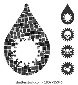 Icono de caída del virus mosaico construido a partir de elementos cuadrados en tamaños variables y tonos de color. Los elementos cuadrados vectoriales se organizan en un icono de caída de virus de ilustración abstracta. Se añaden pictogramas bonificados.
