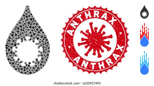 Mosaic virus drop icon and red rounded distressed stamp seal with Anthrax caption and coronavirus symbol. Mosaic vector is created with virus drop icon and with randomizedraggy pieces.