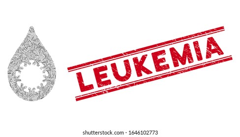 Mosaic virus drop icon and red Leukemia stamp between double parallel lines. Flat vector virus drop mosaic icon of randomized rotated line items. Red Leukemia seal stamp with dirty texture.