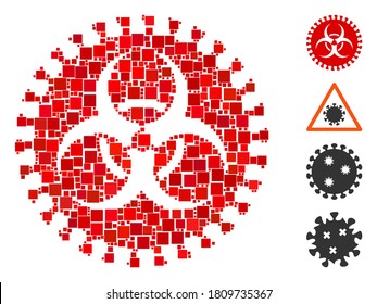 Mosaic Virus hazard icon composed of square items in different sizes and color hues. Vector square items are arranged into abstract illustration virus hazard icon. Bonus icons are placed.