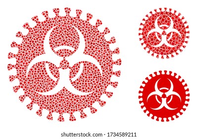 Mosaik Virus Hazard Icon entworfen aus groben Punkten in verschiedenen Größen, Positionen und Proportionen. Vector Bumpy Spots werden zu einem abstrakten Mosaik-Gefahrensymbol kombiniert.