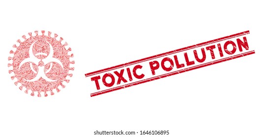 Mosaikvirus-Gefahrensymbol und roter toxischer Verunreinigung zwischen zwei parallelen Linien. Flat Vektorillustration Virus Hazard Mosaik Symbol von verstreuten roten Linien Elemente.