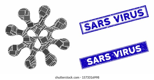 Mosaic virus icon and rectangular Sars Virus stamps. Flat vector virus mosaic pictogram of randomized rotated rectangular items. Blue Sars Virus stamps with scratched texture.