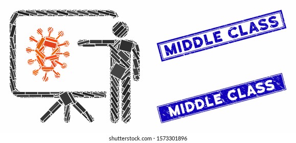 Mosaic Virus Lecture Icon And Rectangle Middle Class Rubber Prints. Flat Vector Virus Lecture Mosaic Icon Of Random Rotated Rectangle Elements. Blue Middle Class Rubber Stamps With Distress Surface.