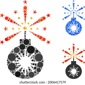 Mosaic virus petard icon composed of spheric items in variable sizes, positions and proportions. Blue and original versions of virus petard icon.