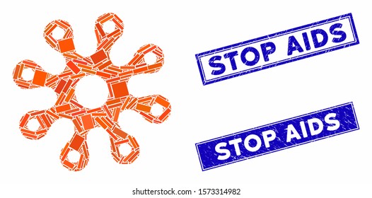 Mosaic virus pictogram and rectangle Stop AIDS seal stamps. Flat vector virus mosaic pictogram of random rotated rectangle elements. Blue Stop AIDS seal stamps with dirty textures.