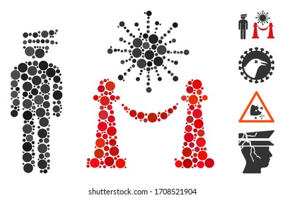 Mosaic Virus quarantine police icon united from circle items in various sizes, positions and proportions. Vector circle items are organized into abstract mosaic virus quarantine police icon.
