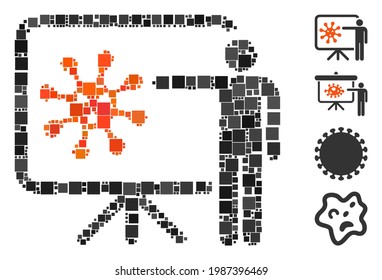 Mosaic Virus report icon composed of square elements in various sizes and color hues. Vector square parts are grouped into abstract mosaic virus report icon. Bonus pictograms are placed.