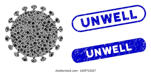 Mosaic virus shell icon and red round distressed stamp seal with Unwell phrase and coronavirus symbol. Mosaic vector is composed with virus shell pictogram and with randomized round spots.