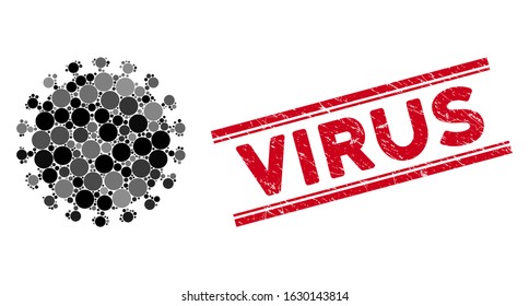 Mosaic virus shell icon and rubber stamp seal with Virus text between double parallel lines. Mosaic vector is designed with virus shell pictogram and with random round items.