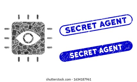 Mosaic vision processor and rubber stamp seals with Secret Agent caption. Mosaic vector vision processor is created with scattered rectangle items. Secret Agent stamp seals use blue color,