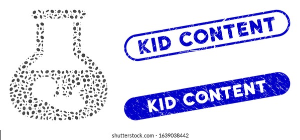 Mosaic in vitro embryo and grunge stamp seals with Kid Content caption. Mosaic vector in vitro embryo is created with random ellipse dots. Kid Content stamp seals use blue color,