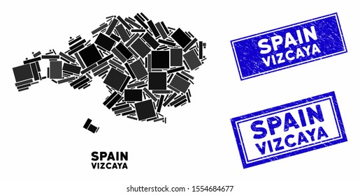 Mosaic Vizcaya Province map and rectangular seal stamps. Flat vector Vizcaya Province map mosaic of random rotated rectangle items. Blue caption rubber stamps with grunge texture.