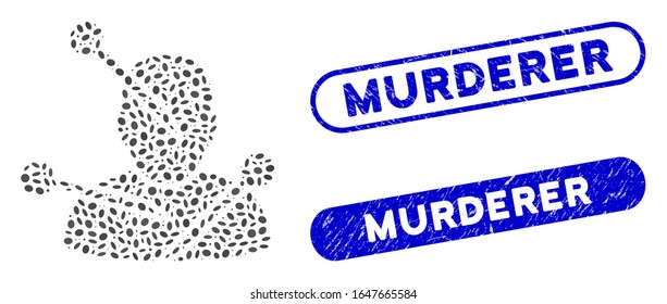 Agujas de vudú mosaico y sellos de sellos corroídos con la leyenda de Asesino. Las agujas vectoriales de mosaico se forman con puntos elípticos aleatorios. Los sellos de sello del asesino usan color azul,