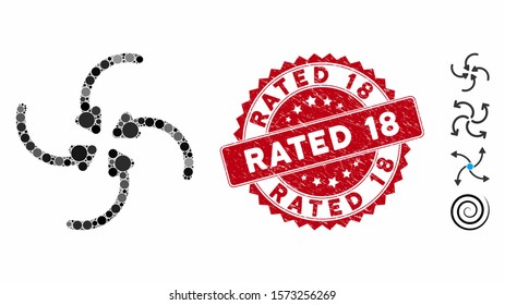 Mosaic vortex collide arrows icon and rubber stamp seal with Rated 18 caption. Mosaic vector is composed with vortex collide arrows icon and with randomized round items. Rated 18 stamp uses red color,