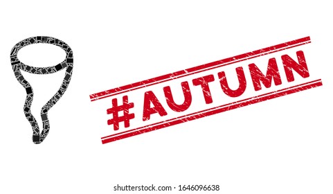 Mosaic vortex pictogram and red Hashtag Autumn seal stamp between double parallel lines. Flat vector vortex mosaic pictogram of scattered rotated rectangular items.