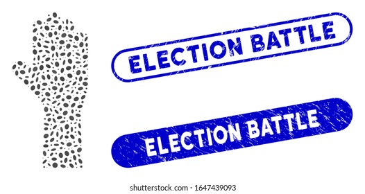 Sellos de sellos de goma y mano de voto mosaico con texto de batalla electoral. La mano de voto vectorial mosaico se crea con elementos elípticos aleatorizados. Sellos de sello de la batalla electoral de color azul,