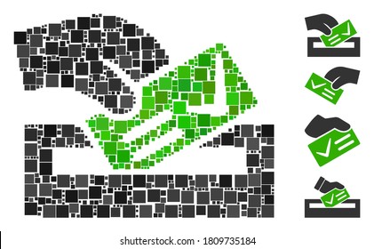Mosaic Vote here icon united from square elements in various sizes and color hues. Vector square parts are united into abstract mosaic vote here icon. Bonus icons are placed.