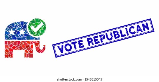 Mosaic vote republican and rubber stamp seal with Vote Republican text. Mosaic vector vote republican is designed with randomized rectangles. Vote Republican stamp seal uses blue color.