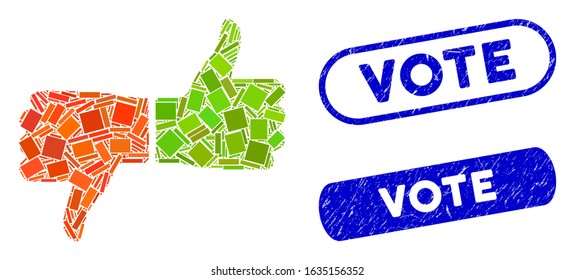 Mosaic vote thumbs and corroded stamp seals with Vote text. Mosaic vector vote thumbs is formed with random rectangle items. Vote seals use blue color, and have round rectangle shape.