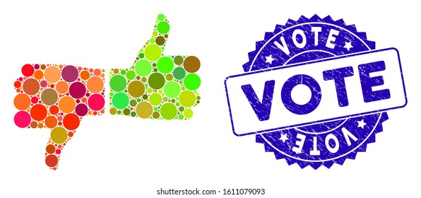 Mosaic vote thumbs icon and rubber stamp watermark with Vote text. Mosaic vector is designed with vote thumbs icon and with scattered spheric elements. Vote stamp uses blue color, and grunge design.