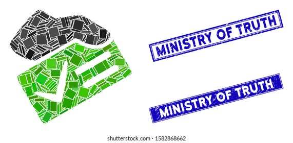 Mosaic vote yes icon and rectangle Ministry of Truth stamps. Flat vector vote yes mosaic icon of random rotated rectangle items. Blue Ministry of Truth watermarks with grunged surface.