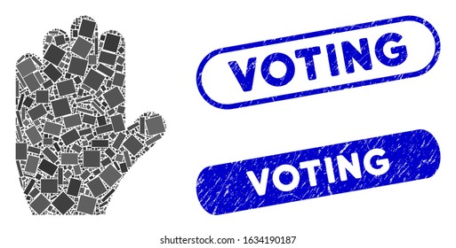 Mosaic voting hand and grunge stamp seals with Voting phrase. Mosaic vector voting hand is designed with random rectangles. Voting stamp seals use blue color, and have round rectangle shape.