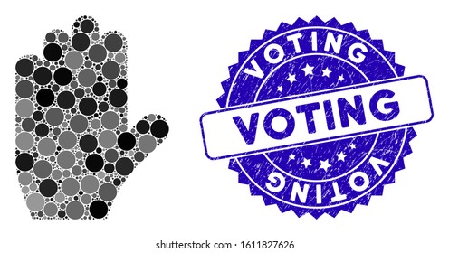 Mosaic voting hand icon and rubber stamp watermark with Voting text. Mosaic vector is designed with voting hand pictogram and with scattered circle items. Voting stamp uses blue color,