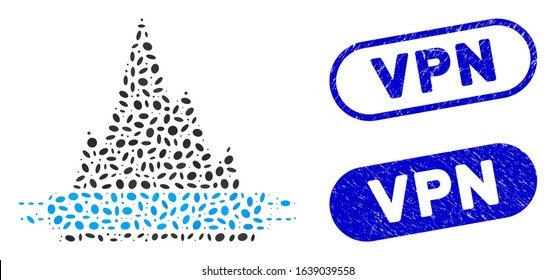 Mosaic VPN tunnel and corroded stamp seals with Vpn text. Mosaic vector VPN tunnel is designed with random elliptic pieces. Vpn seals use blue color, and have round rectangle shape.