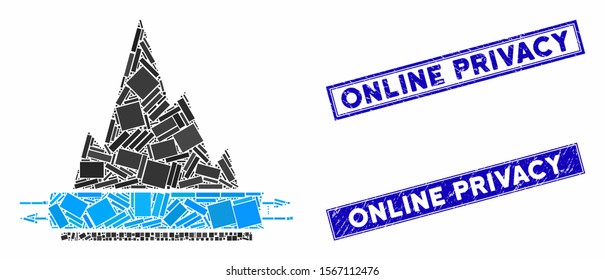 Mosaic VPN tunnel icon and rectangle seal stamps. Flat vector VPN tunnel mosaic icon of randomized rotated rectangle items. Blue caption seal stamps with corroded texture.