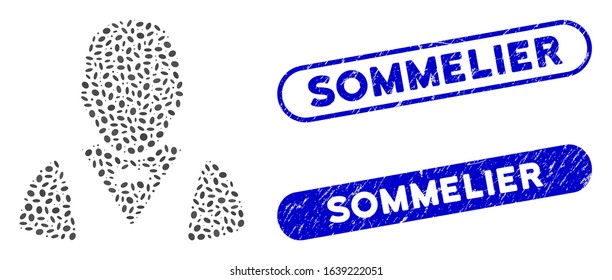 Mosaic waiter and grunge stamp seals with Sommelier caption. Mosaic vector waiter is formed with scattered oval parts. Sommelier stamp seals use blue color, and have round rectangle shape.