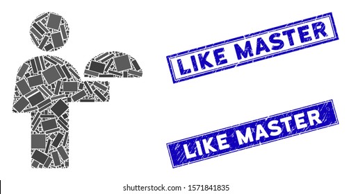 Mosaic waiter icon and rectangular Like Master seal stamps. Flat vector waiter mosaic icon of randomized rotated rectangular items. Blue Like Master watermarks with grunged texture.